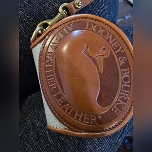 Vintage Dooney & Bourke Tan Brown Leather Coin Pouch with Cream Canvas Big Duck